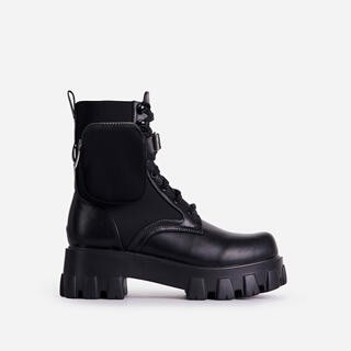 Flame Pocket Detail Lace Up Chunky Sole Ankle Biker Boot In Black Faux Leather | EGO Shoes (US & Canada)