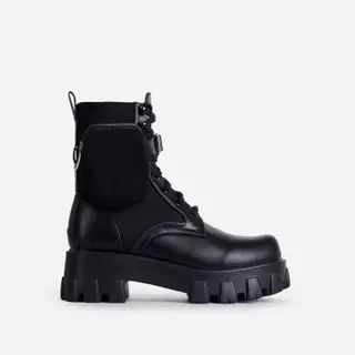 Flame Pocket Detail Lace Up Chunky Sole Ankle Biker Boot In Black Faux Leather | EGO Shoes (US & Canada)