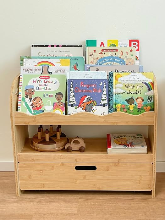 Bamboo Kids Bookshelf 3-Tier with Drawer, Scalloped Front Facing Montessori Book Shelf and Toy St... | Amazon (US)