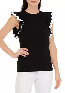 Women's Ribbed Ruffle Sleeve Solid Top | Belk