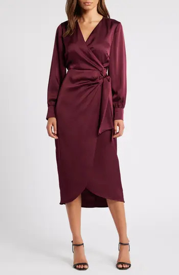 Fluid Long Sleeve Satin Faux Wrap Midi Dress | Nordstrom