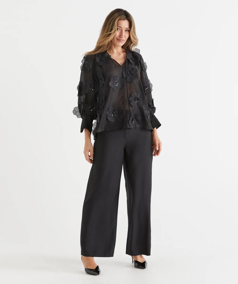 Sheer Floral Applique Blouse - Black | Sussan