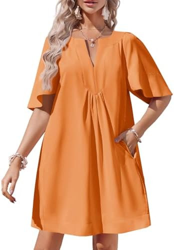 Wenrine Womens Flutter Short Sleeve Mini Dress Casual V Neck Loose Flowy Summer Dresses | Amazon (US)