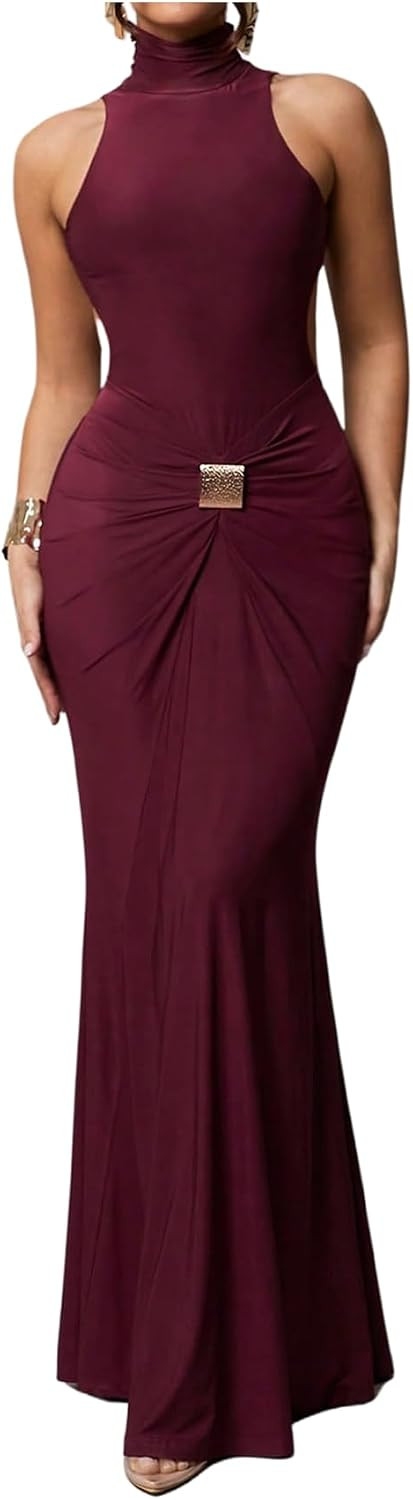 Verdusa Women's High Neck Metal Buckle Bodycon Wedding Guest Dress Cut Out Backless Maxi Cocktail Dresses | Amazon (US)