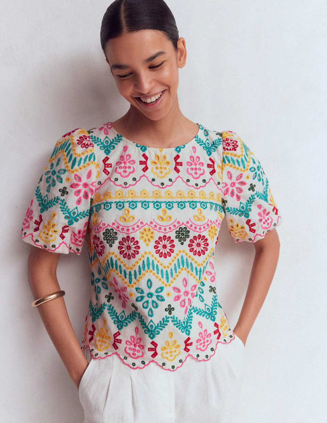 Linen Puff Sleeve Top-Multi Broderie | Boden (US)