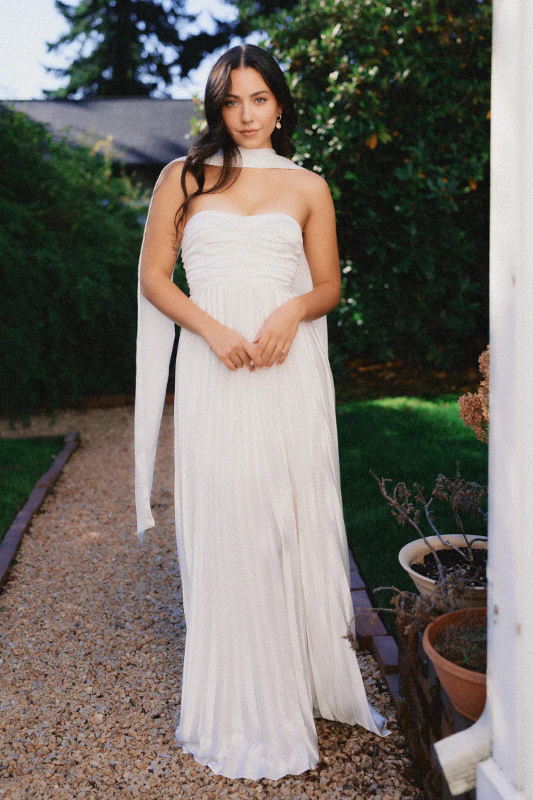 Bronwyn White Strapless Maxi Dress with Neck Scarf | Confête