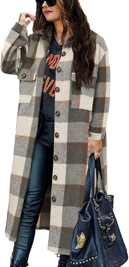PUWEI Women's Casual Lapel Button Down Long Plaid Shirt Coat Tartan Shacket Jacket | Amazon (US)