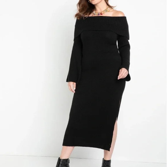 NWT Eloquii Off the Shoulder Maxi Flare Sleeve Sweater Dress Size 18/20 Black | Poshmark