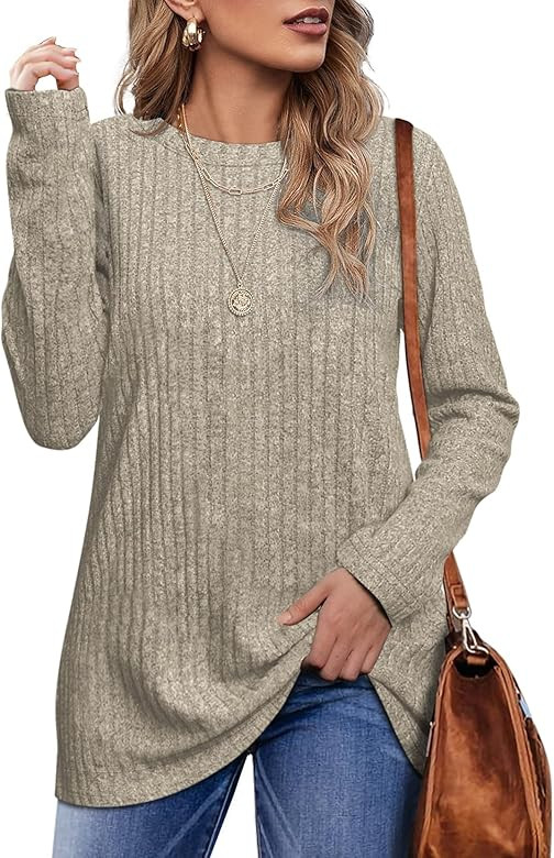 OFEEFAN Long Sleeve Shirts for Women Lightweight Crew Neck Casual Tunic Tops | Amazon (US)