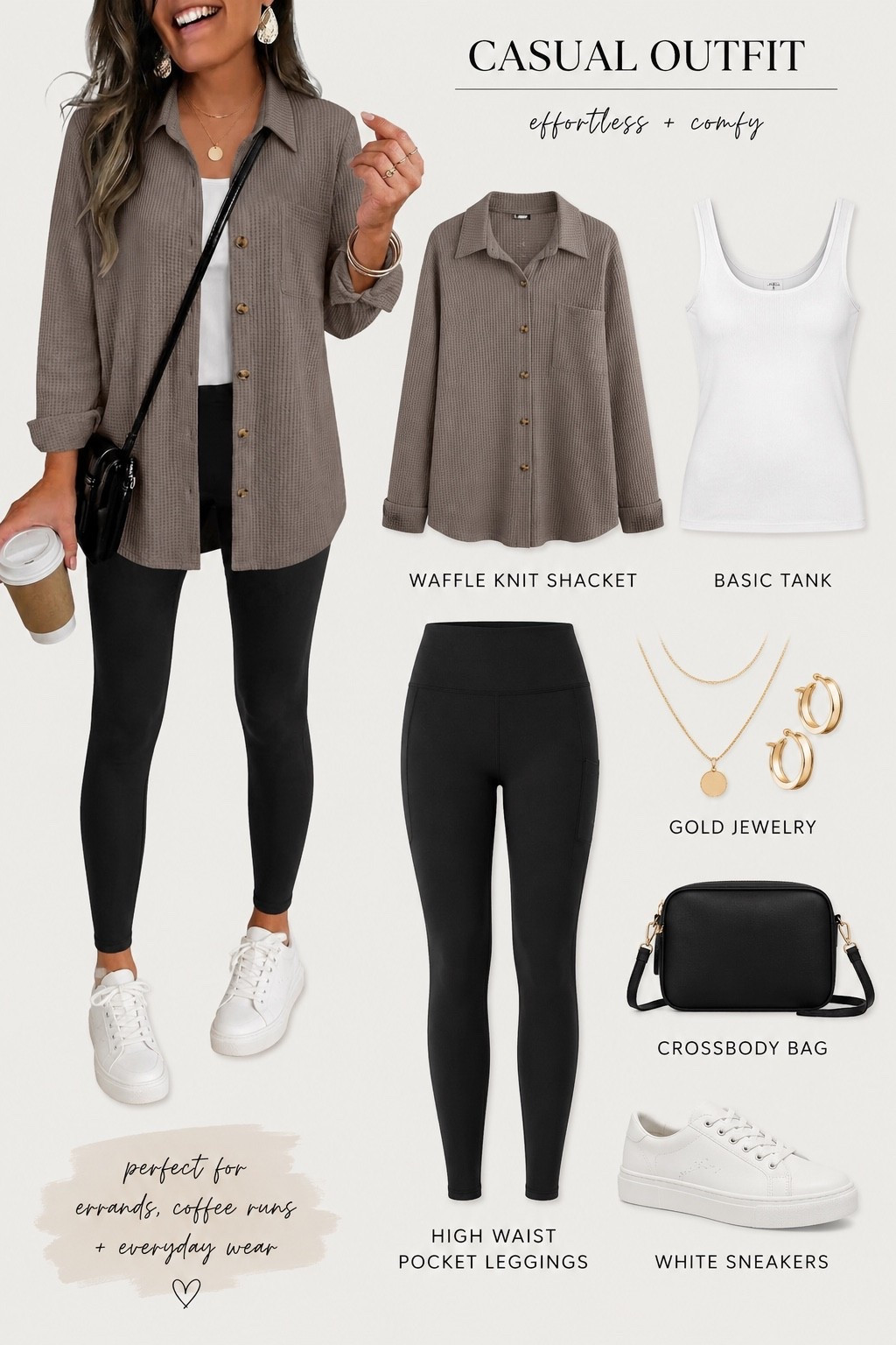 This is one of those easy outfits you’ll reach for on repeat. The waffle knit shacket is lightweight enough to layer over a basic tank, and paired with pocket leggings and white sneakers, it’s the perfect look for coffee runs, errands, or everyday wear. Comfortable, effortless, and put together without trying too hard. Everything is linked in my LTK.