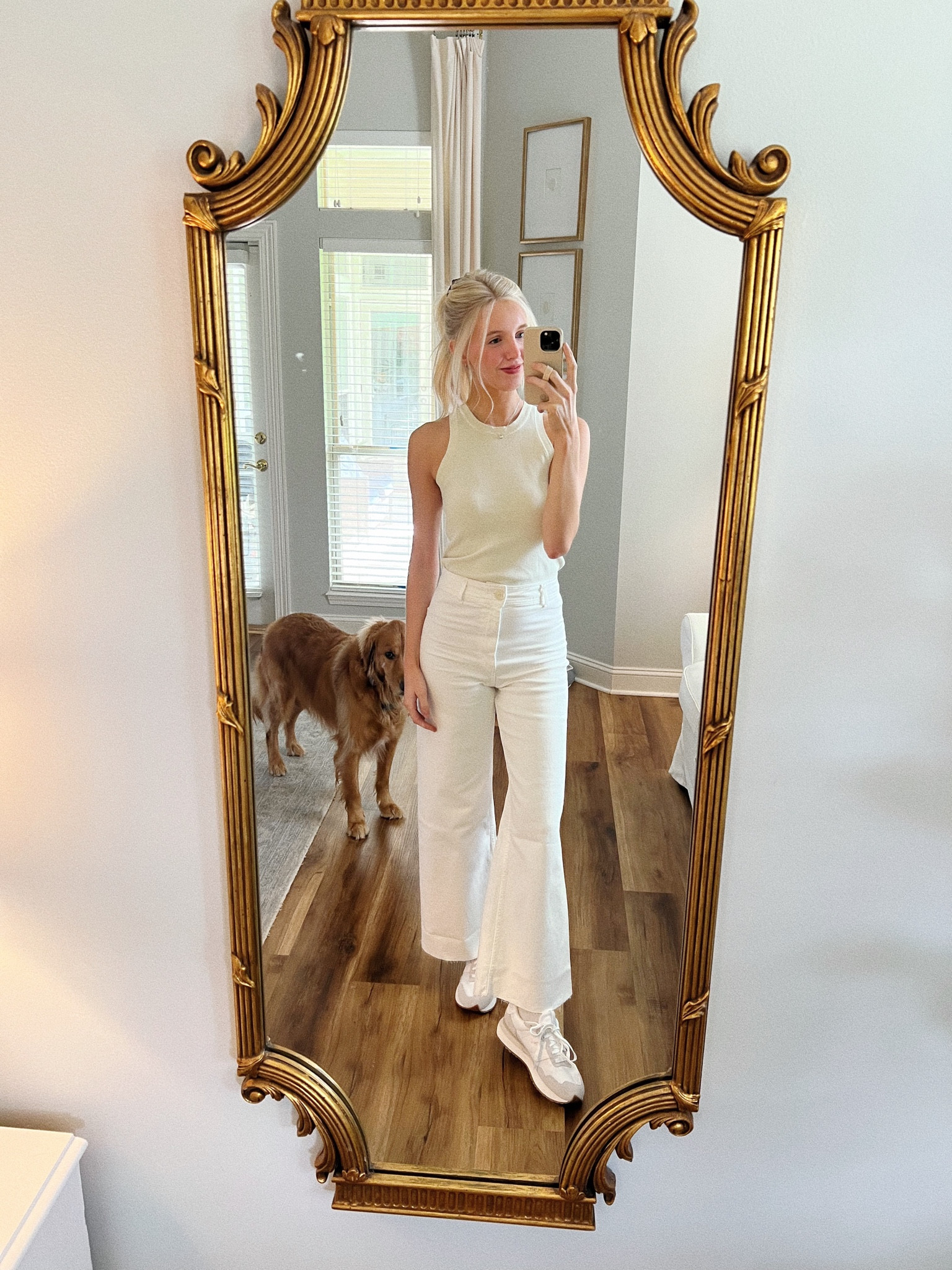 White on white 
(Zara jeans sry can’t link them but found some similar)