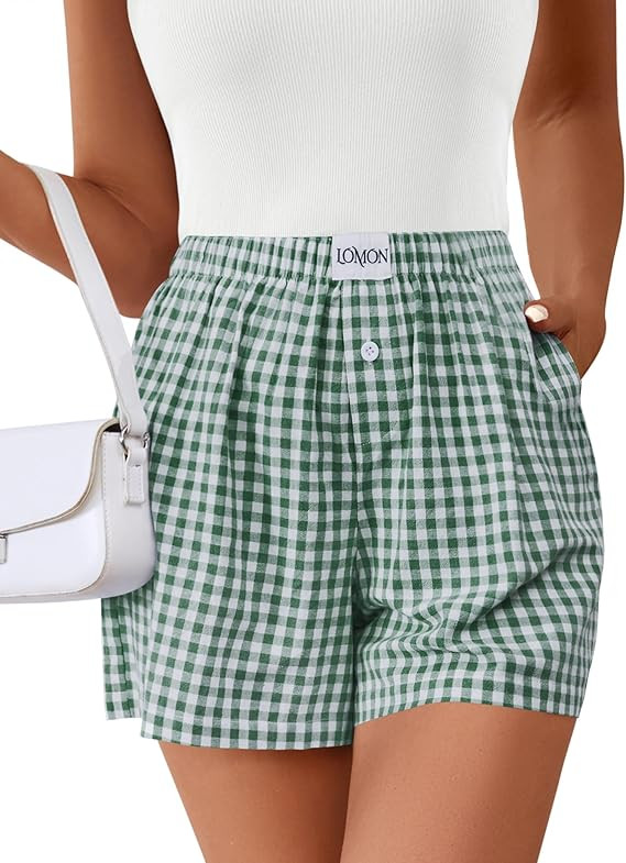 Lomon Boxer Shorts for Women Summer Gingham Pajamas 2026 Lounge Sleep Pj Plaid Shorts Y2K Beach B... | Amazon (US)