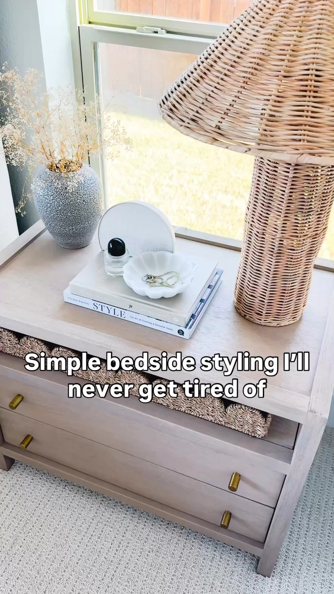 Simple bedside styling I’ll never get tired of 🤍 creating a calm, neutral space doesn’t have to be complicated—just a few layered pieces, soft textures, and warm tones can completely transform a corner of your home. Rattan lamp and scallop marble decorative bowl add the perfect texture. Sharing all the details I used here from affordable finds to elevate your bedroom styling. Follow me on LTK for daily home decor, Amazon finds, and simple styling ideas.

#LTKHome #LTKSaleAlert
