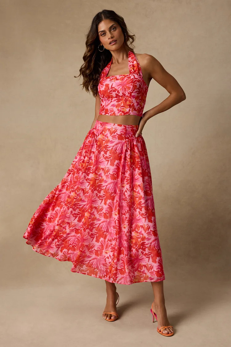 Nashira Pink Multi Floral High-Rise Midi Skirt | Lulus