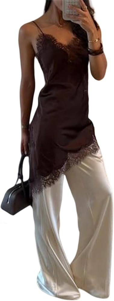 Women Satin Lace Trim Patchwork Cami Tops Y2k Girls Silk Irregular Hem Camisole Midi Shirt Going ... | Amazon (US)