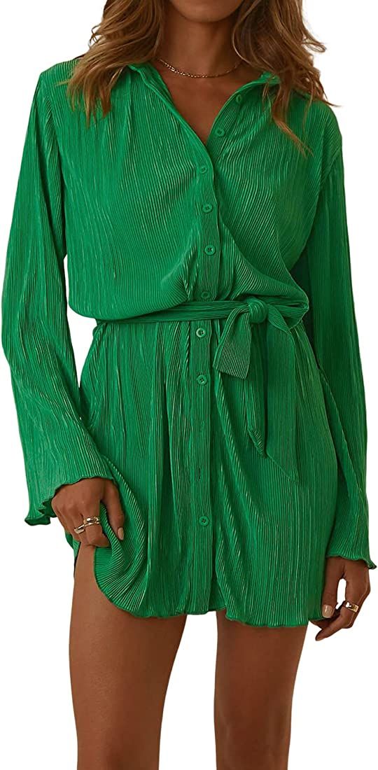 LYANER Women's Collar V Neck Button Down Pleated Long Sleeve Mini Shirt Dress with Belt | Amazon (US)