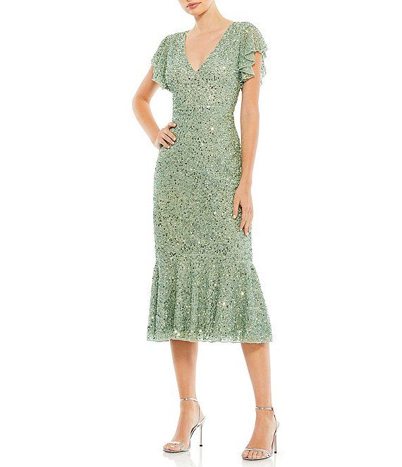 Sequin V-Neck Flutter Short Sleeve Sheath Mermaid Midi Dress | Dillard's