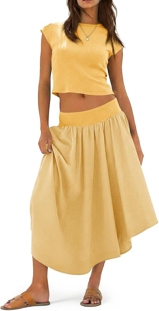 Tankaneo Womens 2 Piece Skirt Set Summer Casual Cap Sleeve Ribbed Crop Tops Midi Dress Vacation O... | Amazon (US)