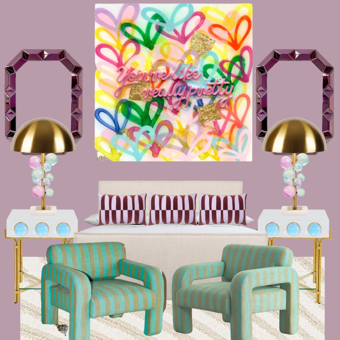 Neon heart, purple mirror, funky lamps, Jonathan Adler side tables, urban outfitters accent chairs, area rug, Bernhardt bed frame, throw pillows

The art piece I wasn’t able to tag- but it is by MK decker designs in her Neon Heart collection 

I purchased this bed for a guest bedroom in my house and I am in love with it! The details on it are incredible, very sleek and high end. This is the inspiration I have that room. 

#homedecor #guestbedroom #kingbed #wallmirror #funkydesign #maximalist #accentchair #highend #arearug 

#LTKstyletip #LTKFind #LTKhome