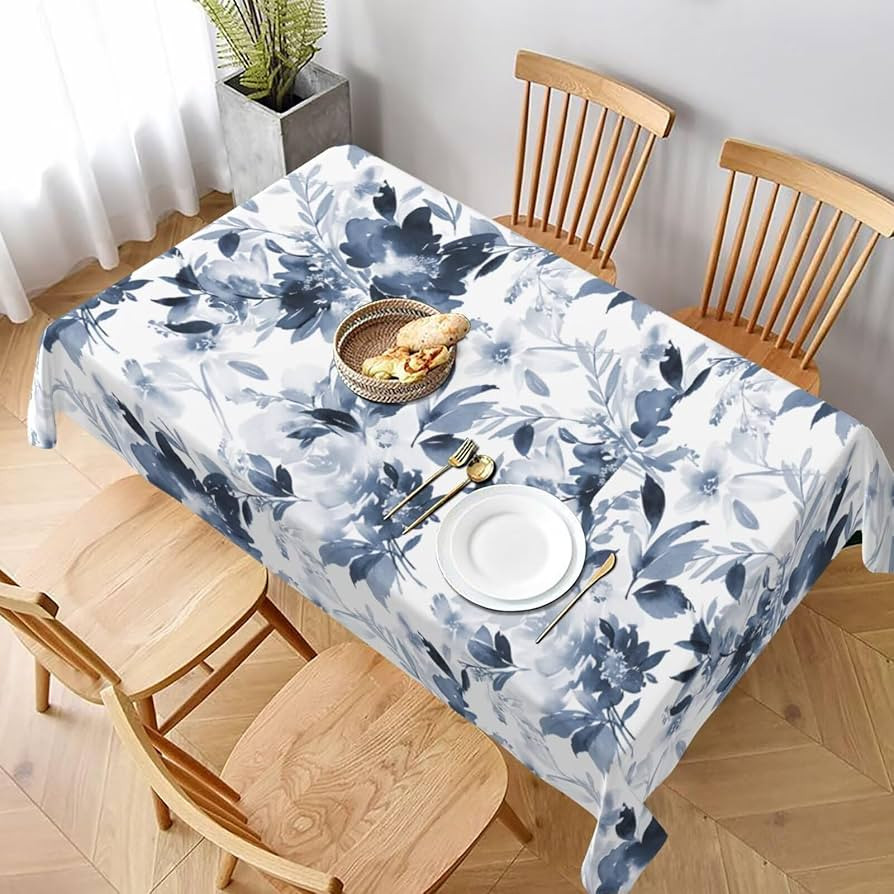 Navy Blue Floral Tablecloth 60 x 104 Inch Rectangle, Dark Blue and White Flower Tablecloths Table... | Amazon (US)