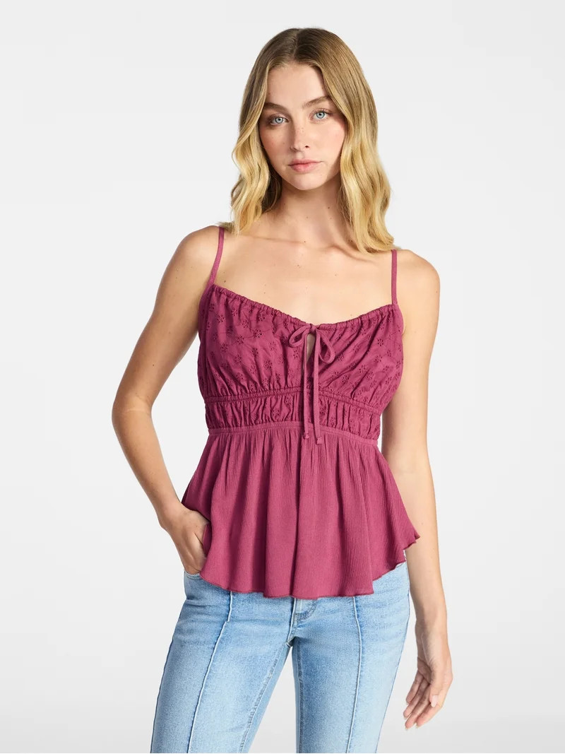 No Boundaries Eyelet Tie Front Cami, Women's XXS-XXL | Walmart (US)