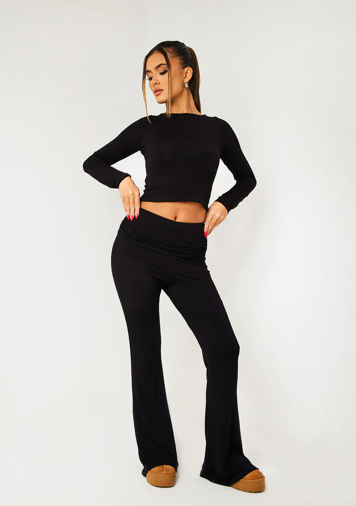 Alena Black Fold Over Flared Yoga Pants | Missy Empire (UK)