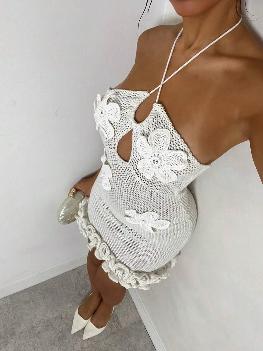 Glamine Spring & Summer Sleeveless Hollow-Out Halter Elegant Floral Decor Figure-Hugging Women Sw... | SHEIN