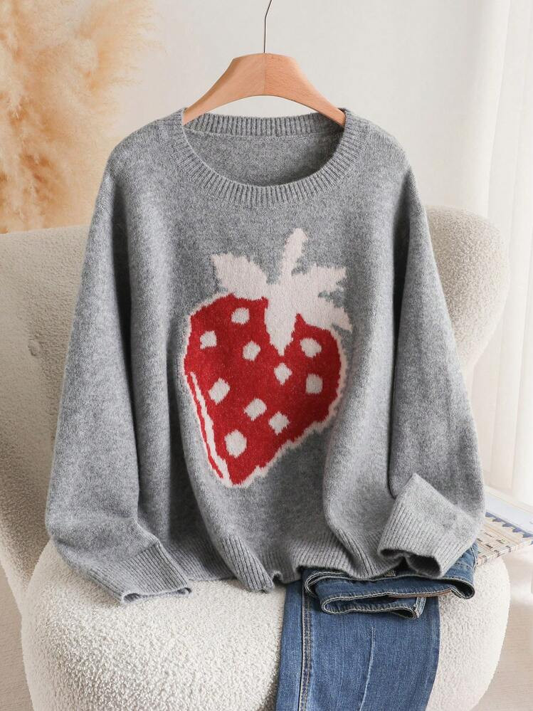 CosyJoli Plus Size Women Strawberry Jacquard Grey Pullover Sweater, Long Sleeve In Fall/Winter | SHEIN