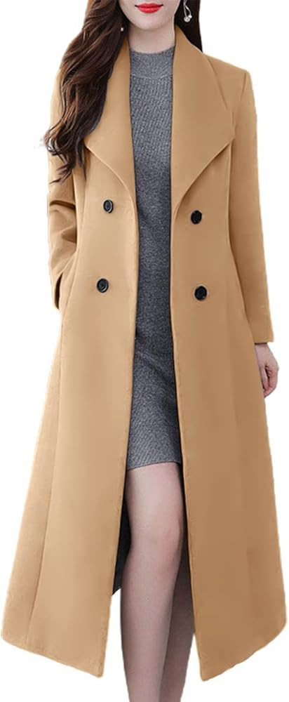 ebossy Women's Shawl Collar Double Breasted Below Knee Slim Wool Trench Long Coat | Amazon (US)