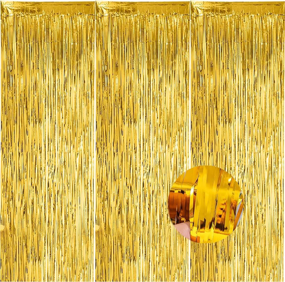 3 Pack Gold Foil Fringe Backdrop Curtains，3.3 ft x 8.2 ft Gold Door Streamers ，Gold foil Frin... | Amazon (US)