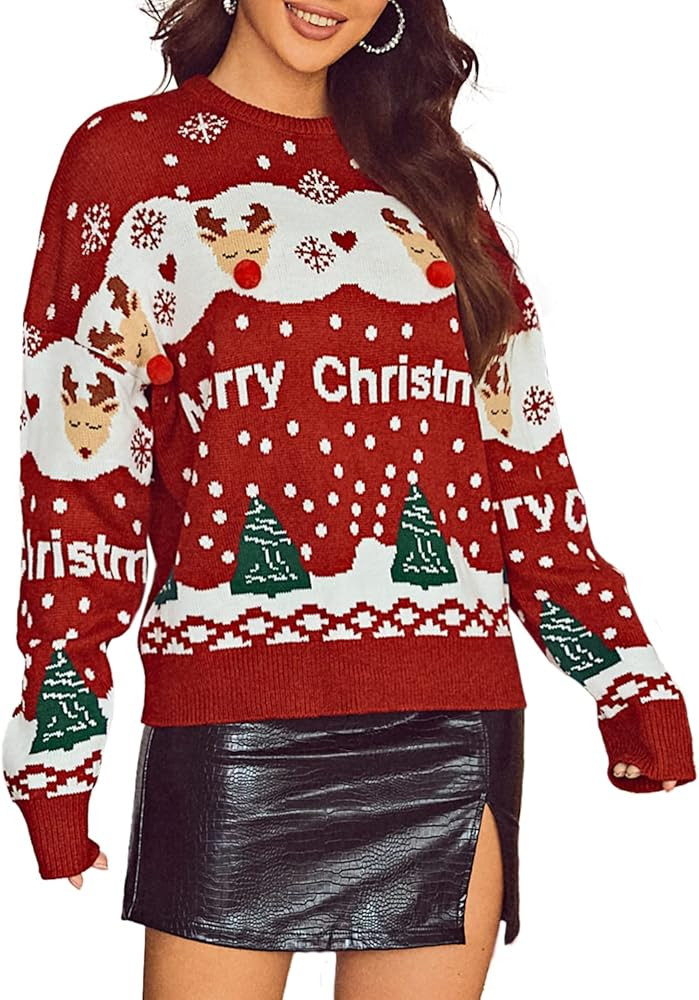 Miessial Women's Knitted Christmas Pattern Sweater Comfy Crewneck Long Sleeve Pullover Sweater | Amazon (US)