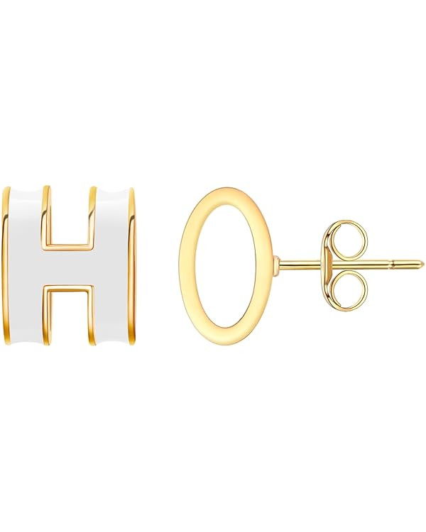 Gold Stud Earrings for Women Classical H Enamel Color Earrings Stainless Steel Hypoallergenic Ear... | Amazon (US)