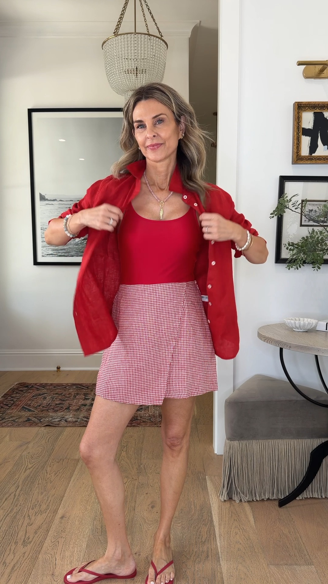 I’m 5’6’’. @Quince  chic summer on a budget! 
-red swimsuit size XS
-red gingham skirt size XS, size down for tighter fit

#LTKootd #LTKSeasonal #LTKOver40