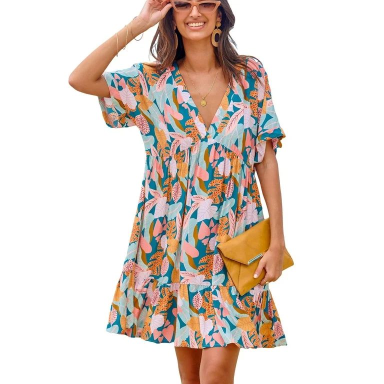CUPSHE Women's Mini Dress Soft Tropics Short Sleeve Summer Dress - Walmart.com | Walmart (US)