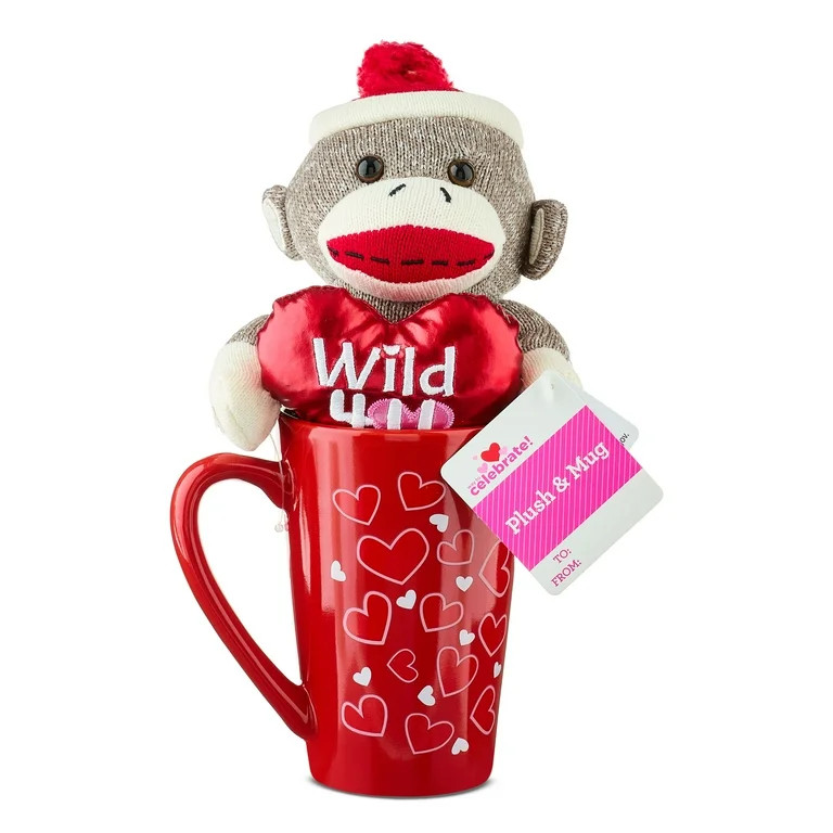 Small Sock Monkey Plush in Mug Gift Set, Red, Gray, and White, 10", Valentine's Day by Way To Cel... | Walmart (US)
