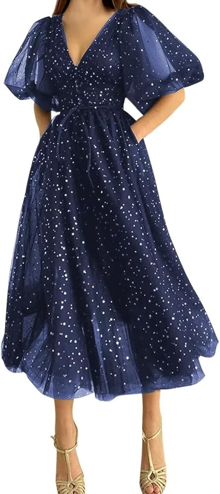 Sparkle Starry Tulle Prom Dresses Puffy Sleeve Evening Gowns Slit Formal Party Dress with Pockets... | Amazon (US)