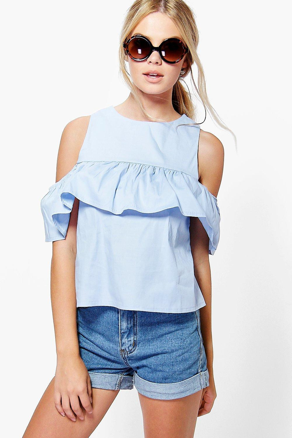 Layla Cold Shoulder Ruffle Cotton Top | Boohoo.com (US & CA)