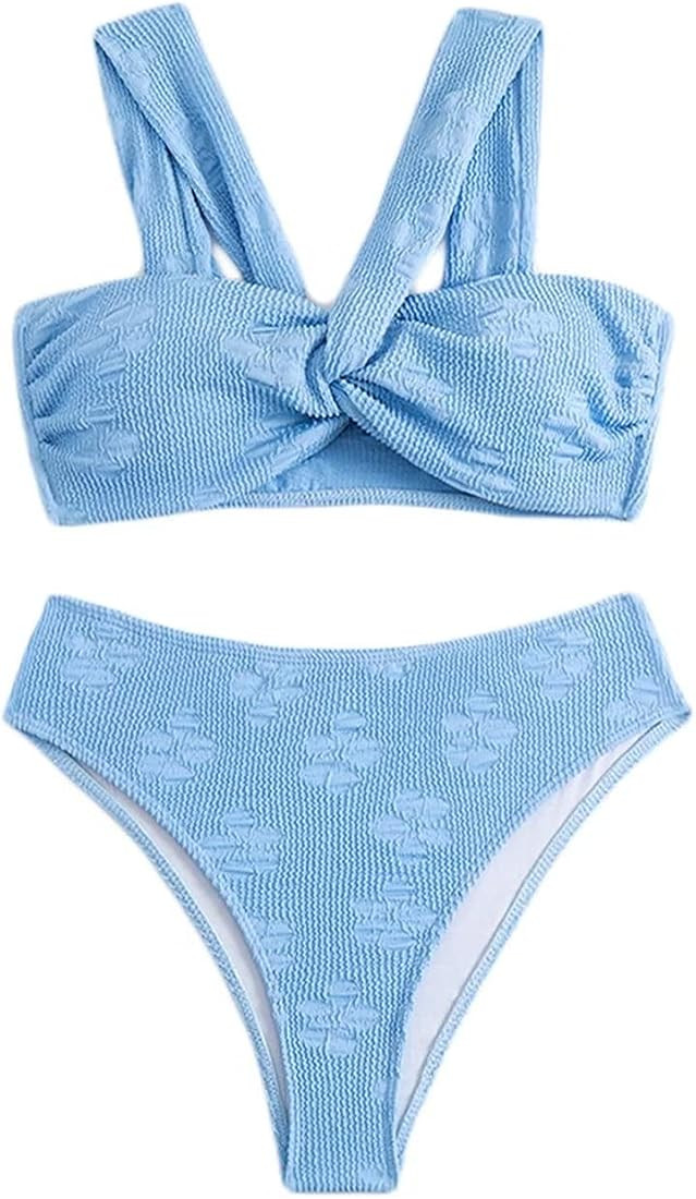 Falainetee Women's High Waisted Bathing Suit Floral Jacquard Twist Criss Cross Swimsuit Bikini Se... | Amazon (US)