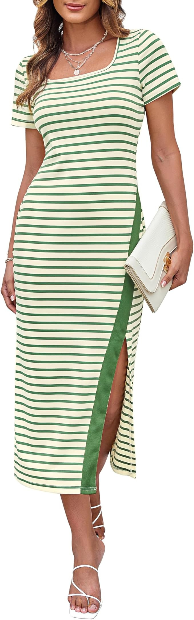 GRACE KARIN Women's 2025 Summer Striped Bodycon Dresses Casual Short Sleeve Square Neck Beach Vac... | Amazon (US)