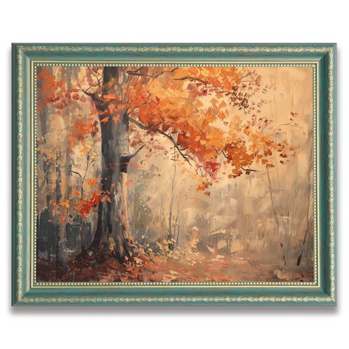 Green Frame Autumn Tree Canvas Wall Art, Abstract Fall Forest Landscape Painting Print, Warm Orange Leaves Misty Woodland Poster, Neutral Farmhouse Wall Decor 8x10 inch | Amazon (US)