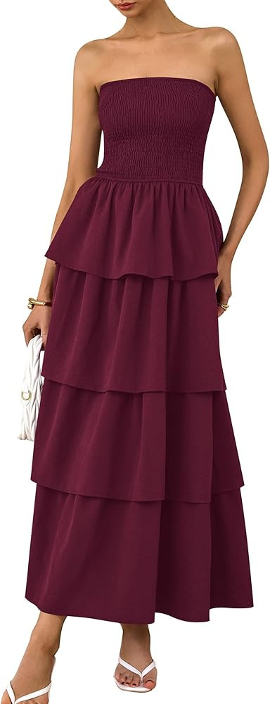 PRETTYGARDEN Maxi Dresses for Women 2025 Summer Off Shoulder Smocked Tiered Ruffle Long Flowy Wed... | Amazon (US)