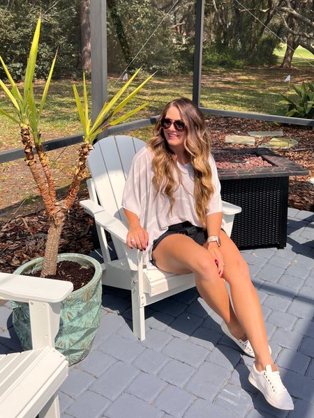 Spring outfits
Summer outfits
Mom shorts - tts
Top - very oversized fit in my tts small
Amazon tortoise sunglasses 
White Adirondack chairs 
Wayfair home finds
Outdoor fire pit for patio
Patio decor 