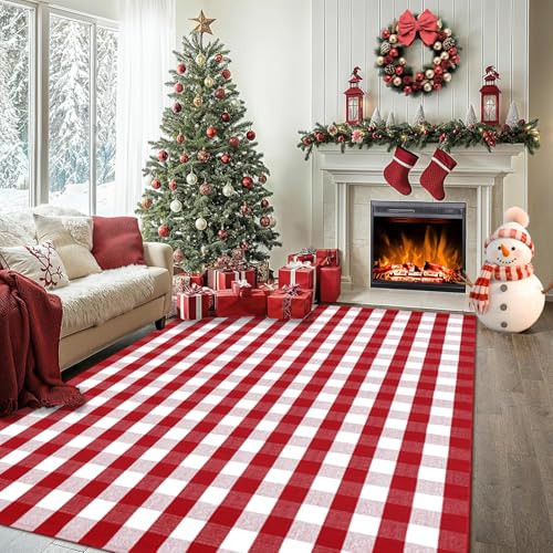 Christmas Red and White Plaid Rug 8x10 ft, Extra Large Cotton Hand-Woven Buffalo Check Area Rug for Living Room, Bedroom, Patio, Christmas Holiday Farmhouse Decor, Washable Outdoor Indoor Carpet | Amazon (US)