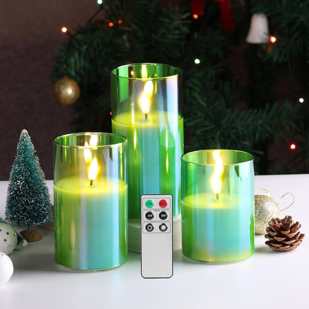 Eywamage Green Glass Flameless Pillar Candles with Remote, Flickering Battery Christmas LED Wax C... | Amazon (US)