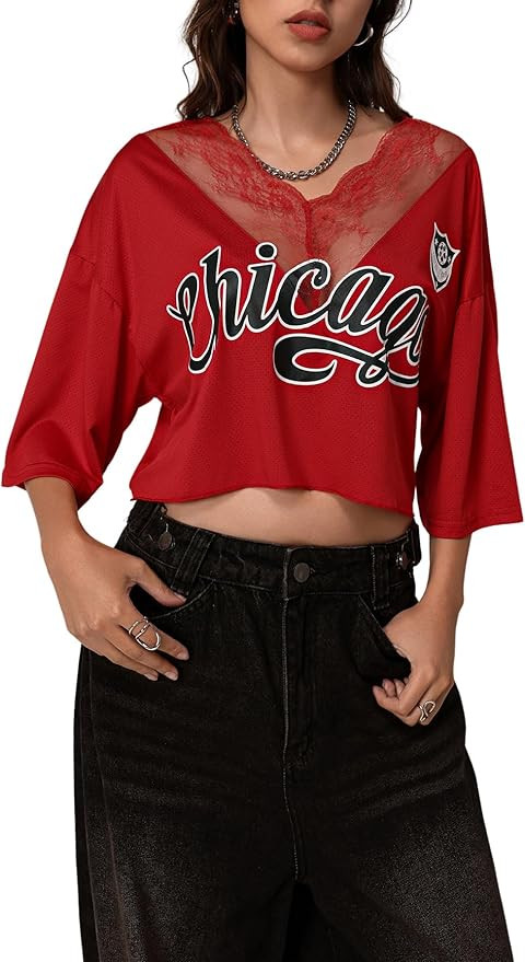 MakeMeChic Women's Graphic Crop Top Lace Trim V Neck Half Sleeve Y2k Jersey Shirts | Amazon (US)