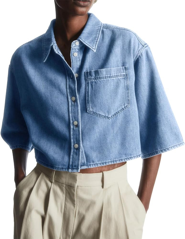 Womens Crop Demin Shirt Tops Summer Half  Short  Sleeve Button Down Jean Jackt Shirs with Pocket | Amazon (US)