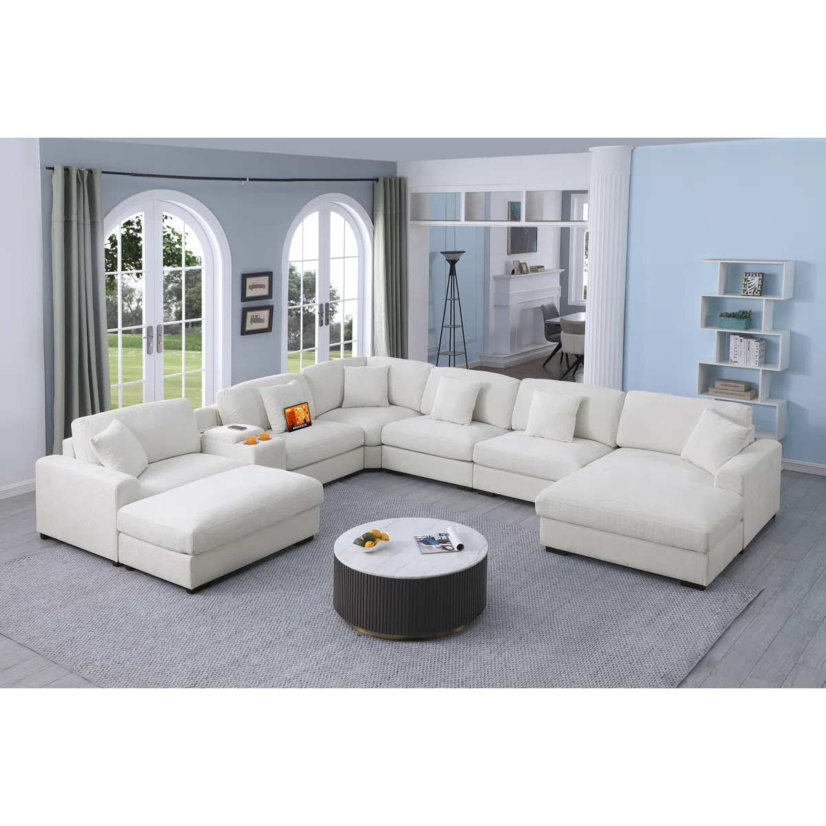 Modern 8 Seats Upholstered Cloud Corner Sectional Sofa With Console& Two Ottomans | Wayfair North America