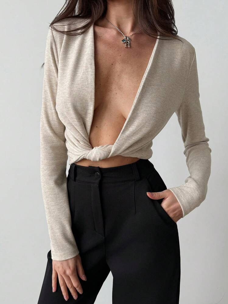 Aloruh Elegant Apricot Pullover Top With Sexy Deep V-Neck And Twist Decor, Versatile Long Sleeve T-Shirt | SHEIN