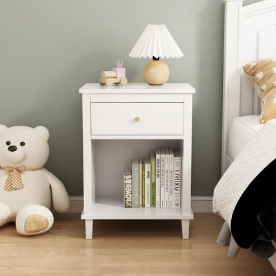 MAYEERTY Wooden Nightstand with One Drawer One Shelf for Bedroom Living Room White | Target