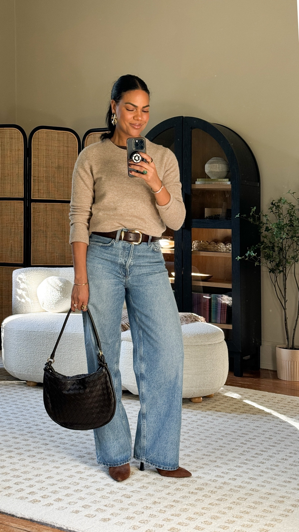Fall Outfit OOTD: oat colored cashmere sweater, chunky brown belt, wide leg jeans, suede boots & woven hand bag. Tip: layer a T-shirt under the sweater in case you get hot! 

#LTKOver40 #LTKStyleTip